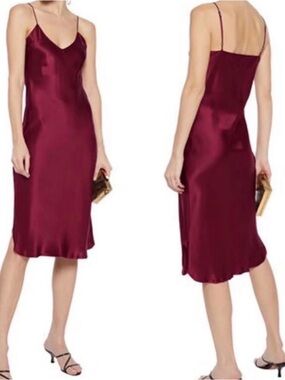 Nili Lotan Slip Midi Dress in Burgundy - Elegant V-Neck Satin size M